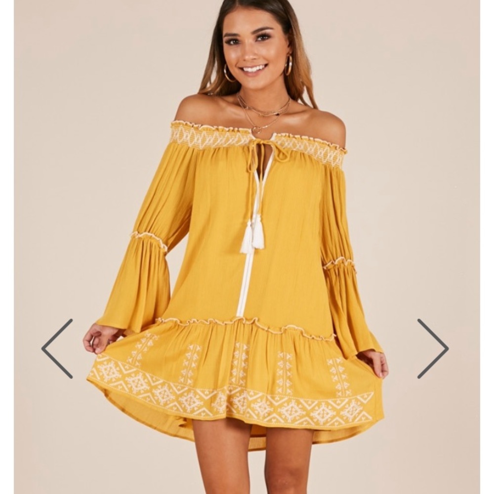 Mustard color off the shoulder dress